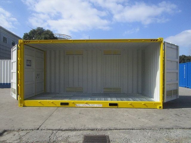 Side opening shipping container with doors open
