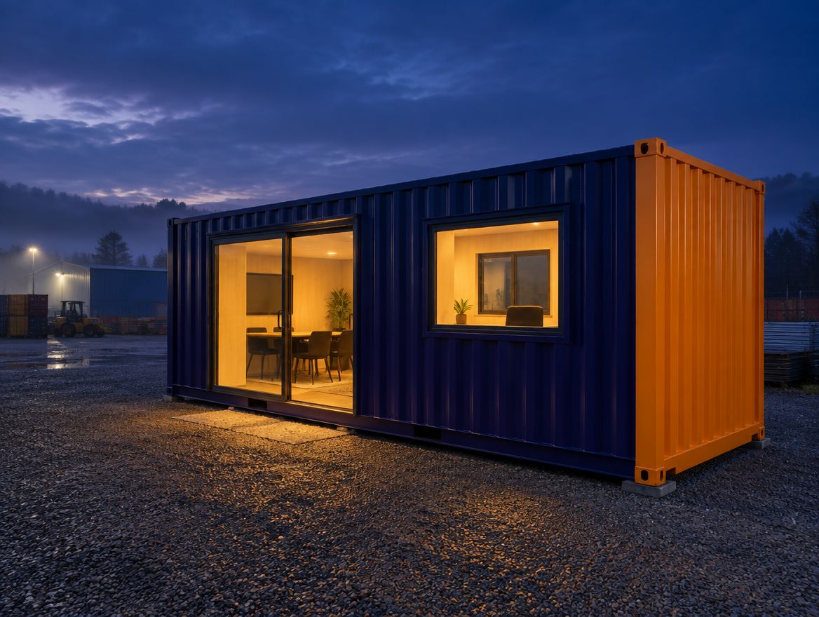 Concept render of a modified container site office glowing at dusk